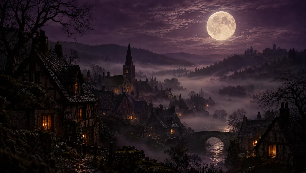 A full moon over a misty valley village at night: timbered houses with lit windows, a church spire, and a stone bridge over a river.