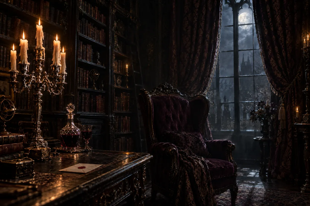 A candlelit gothic study: a velvet wingback chair, shelves of old books, a decanter of wine and a sealed letter, with a full moon through the tall window.