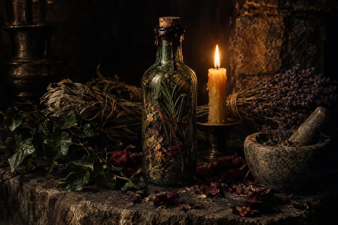 A corked green glass bottle filled with herbs and red thread on a stone hearth, beside a lit candle, a bundle of lavender and a stone mortar.